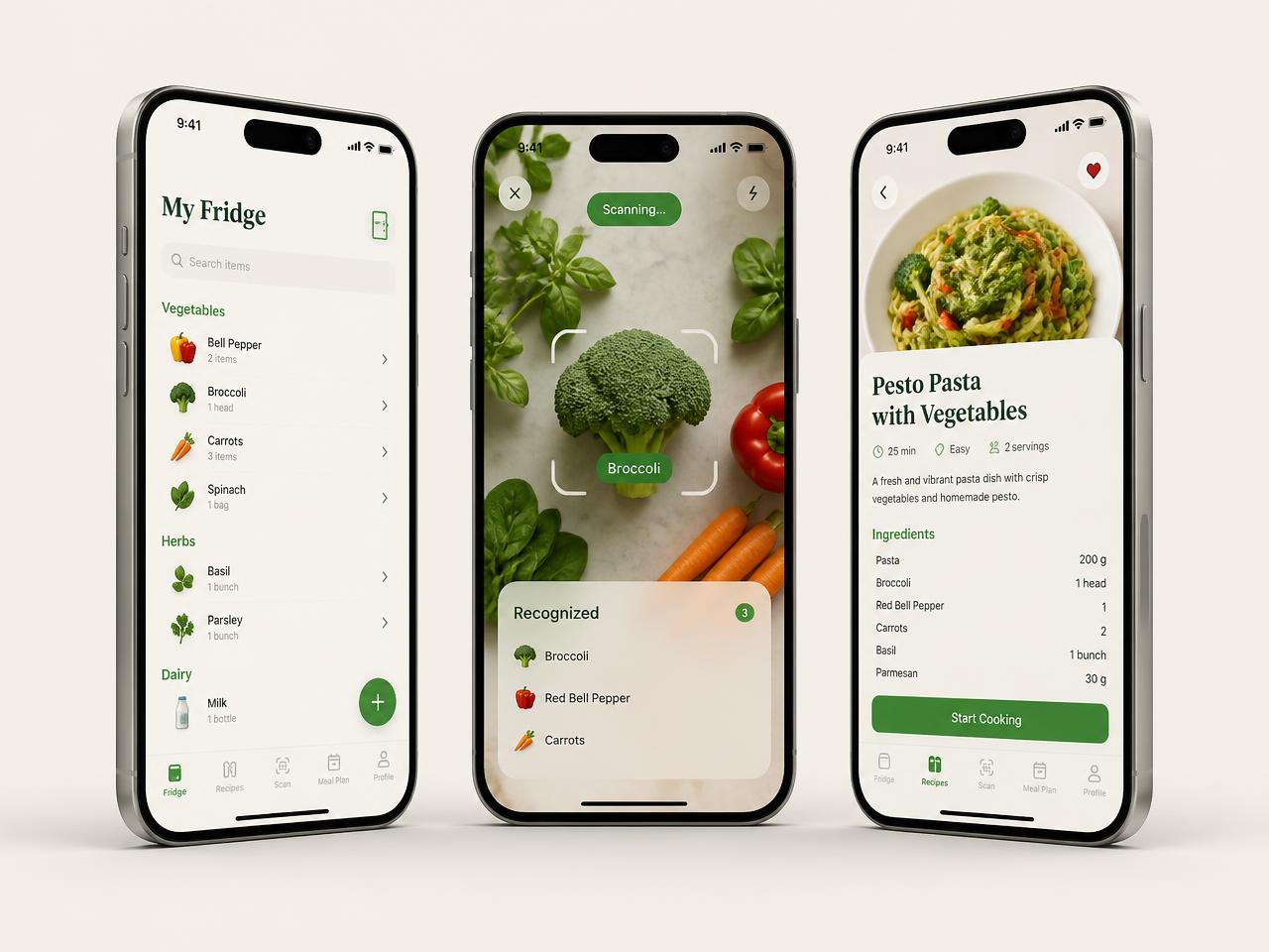 Telas de geladeira, escaneamento e receitas do FridgeChef AI