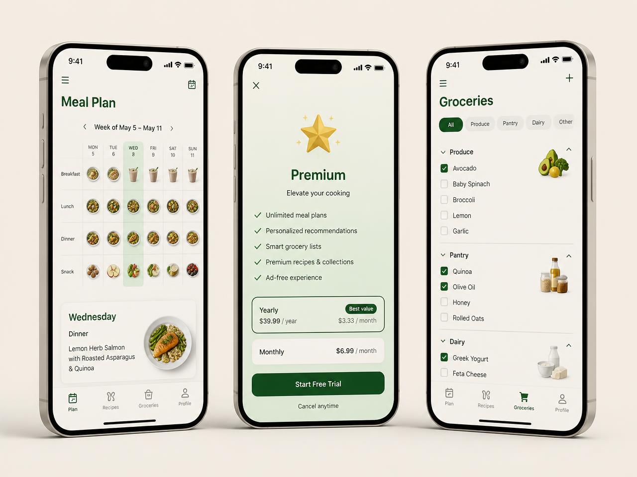 Telas de planejamento, Premium e lista de compras do FridgeChef AI